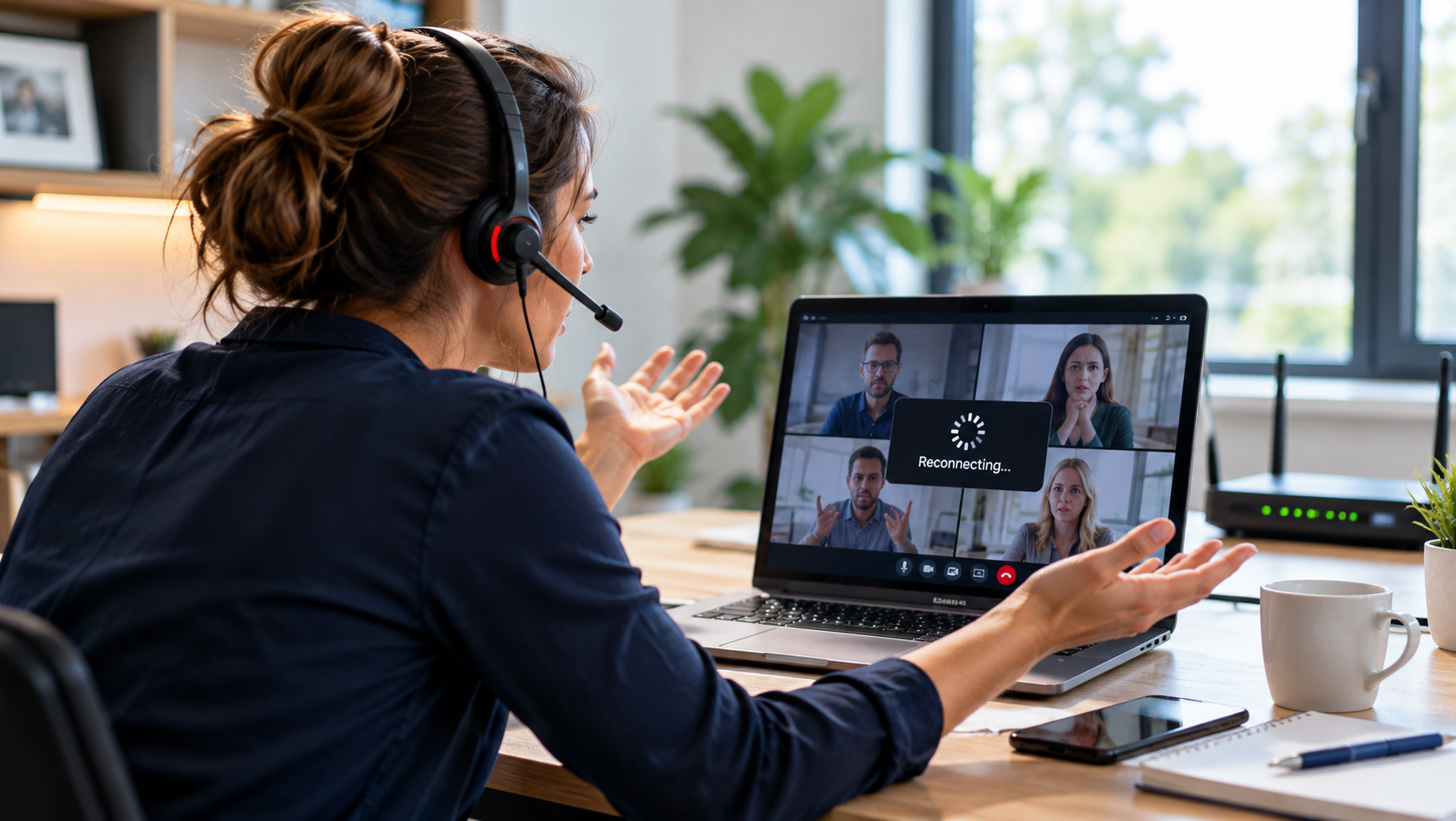 Remote worker experiencing a dropped video call due to an unreliable internet connection, highlighting the importance of dependable business WiFi and networking.